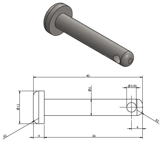 Fixeerstift D6x36, kop 12mm gat 3,5mm